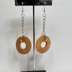 Handmade Wooden Hoop Drop Earrings with Silver Tone Chain Brown NEW